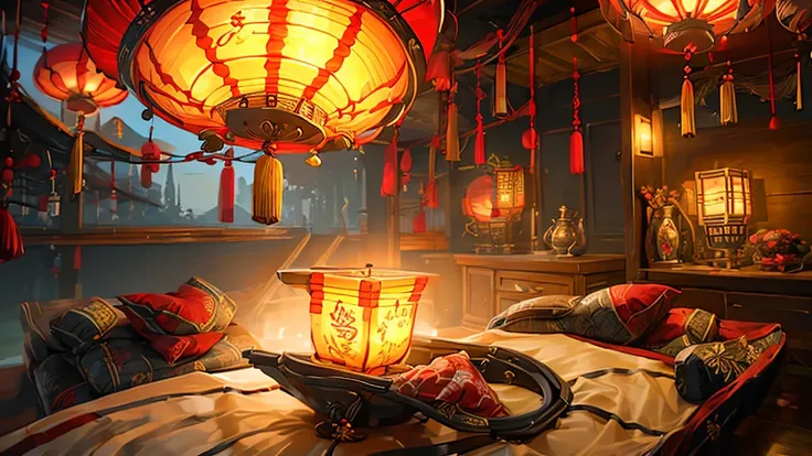 (((best quality))), (((masterpiece))), 8K, a traditional chinese bedroom, traditional chinese style, lantern,