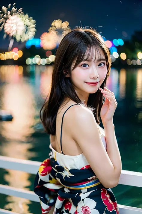 ((Highest quality, 8K, masterpiece: 1.3)),RAW Photos,Realistic atmosphere,Lens flare, Ray Tracing,(Detailed beautiful white skin:1.3),Beautiful Japanese,22 years old, (Watching the fireworks wearing a floral yukata:1.2),((Looking back with an innocent smil...