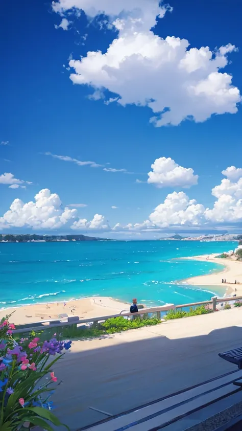 Blue sky with white clouds　Seaside　Back view of men and women in casual clothes　An illustration　Ghibli