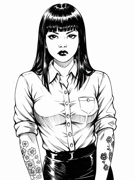 score_9, score_8_up, score_7_up, 1girl, sketch, sp1t, monochrome, 1girl, sketch, detailed background, Asian, white shirt, black skirt, rolled up sleeves, sunny, lovely, hime cut hair, scowl, black lips, black eyes, tattoos

