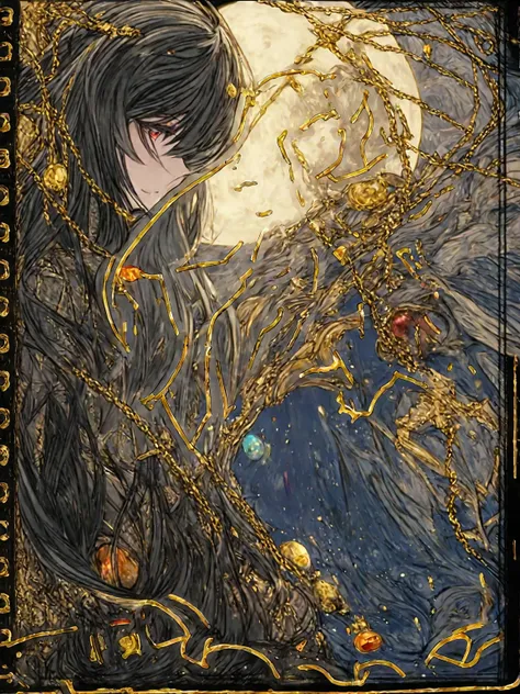 defined lines,houraisan_kaguya_touhou,long_hair, black_hair, very_long_hair, smile,bangs, red_eyes, brown_eyes,(Ornate golden armor plates,golden horn ornaments,multicolored gemstones,yellow and black clothes,black glove,Black torso,Golden chains),night,mo...