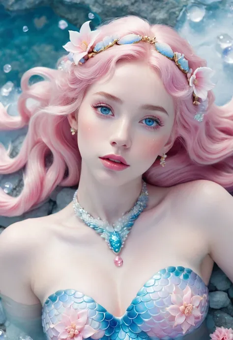 sky view image depicting a gorgeous mermaid laying down on an icy rock. She has pale white skin, crystal blue eyes, round softly open pink lips, soft pink hair. Her skin is covered in ice shaped like flowers. Her chest is covered by pink shells and golden ...