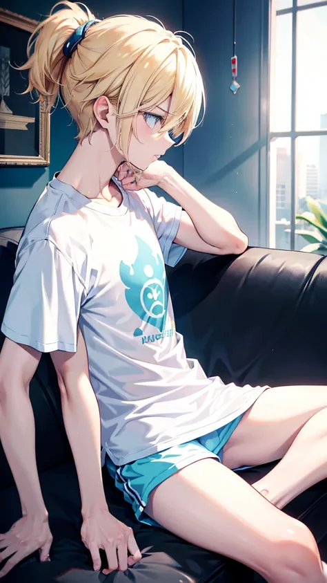 profile background, anime boy, serious face, blond hair, cyan eyes, gym body, detailed eyes and face, white shirt with a kanji in the middle, sitting on the sofa, in the living room, high-res portrait, character, fantasy, 4K, high resolution