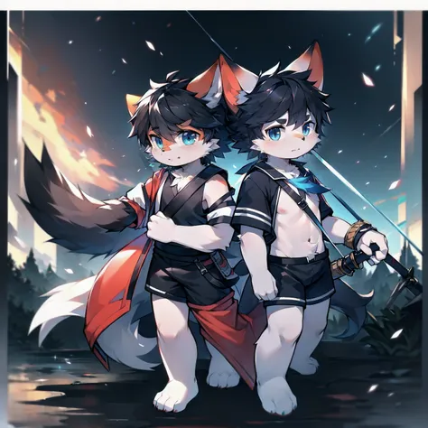 White Wolf，black hair，Sky blue eyes，hairy，Wolf ears，Wolf tail，Full body portrait，The character is in the center of the frame，Handsome，Confident eyes，male，juvenile，Black and white combat uniform，Red neck bib，Black shorts，Short sleeve，hairy arms and legs，Dar...