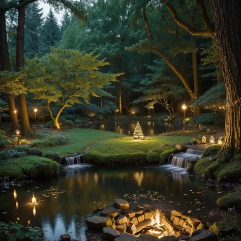 Picture a wonderful scene in a magical forest, where fairies and forest creatures gather, to celebrate the holiday under the twinkling moonlight. Let the trees be decorated with twinkling lights, and a gentle mist surrounds the sparkling pond in the center...