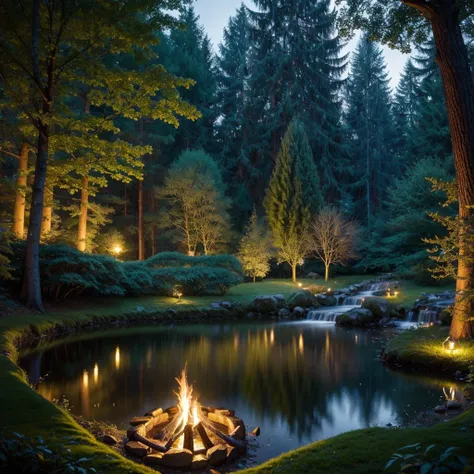 Picture a wonderful scene in a magical forest, where fairies and forest creatures gather, to celebrate the holiday under the twinkling moonlight. Let the trees be decorated with twinkling lights, and a gentle mist surrounds the sparkling pond in the center...