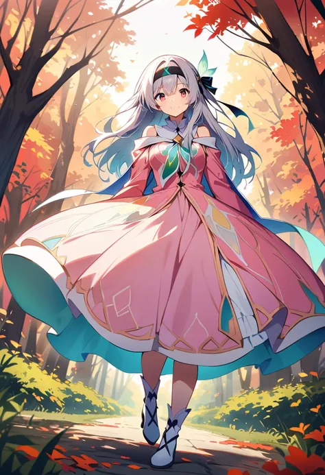 firefly (Collapse: Star Trails),1 Girl,Solitary,(Pink off-the-shoulder dress :1.5), (Silver long hair:1.5) ，Black _ Headband, X-Shape _ Eyebrow, Headband, Polyolefins _ hair, Bangs, Bare shoulders, full-body shot, White, White高跟鞋, outdoor, Red Maple Forest...