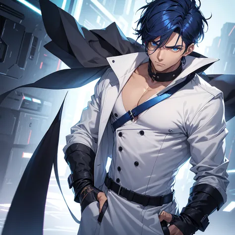 male character. strong. dark blue hair. he has lines on his body. Your face is serious. The scenario should be futuristic. He wears a white dress shirt with a jacket over it