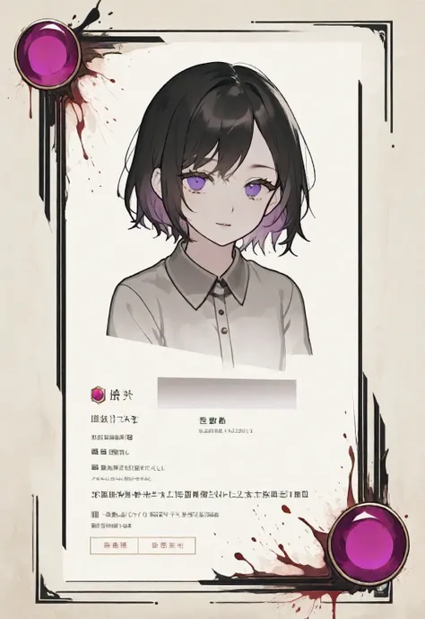 A card border UI，Modern urban minimalist style，Suspense style，Profile Style。Leave a square blank space in the middle，No characters。There is a ruby under the card border.。Parchment backing，There are blood stains on it。Black and White、yellowish、Purple main c...