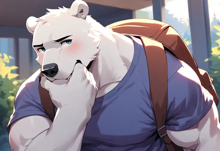 polar bear, 1boy, male, solo, (muscle:0.5), big tits, pecs, shy face, casual clothes, backpack, hand under chin, pan left angle, look at viewer