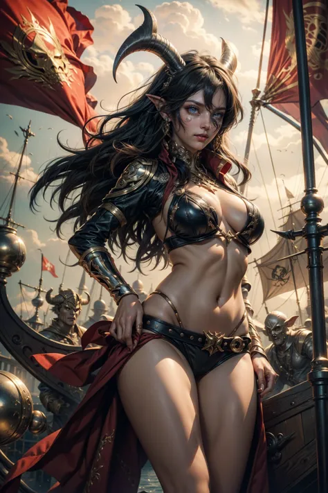 red minotaur woman, with horns, sexy on a pirate ship and an eye patch, fully body 