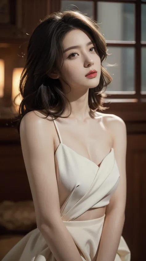 best quality， masterpiece， ultra high resolution， （In reality：1.5）， RAW photos， 1 cat， Beloved， In the dark of night， deep shadows， low pitch， cold light， sexy look,shoulder length straight bob hair,slim