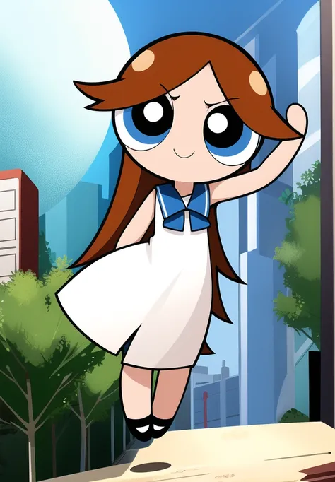 brown long hair, smile, chibi, full body,1girl, brown eyes, white blue dress, school background