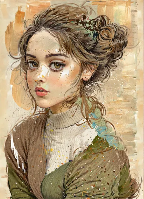 illustration of a woman with a messy bunt and a brown sweater, in the art style of bowater, a beautiful artwork illustration, fe...