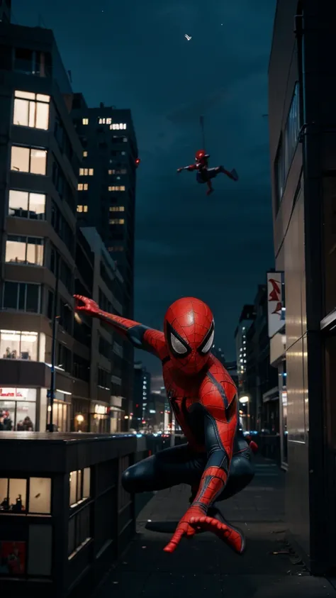 A 3 year old Spider Man boy without a head covering is flying through buildings , background of buildings at night, real photo, professional photo, realistic photo, clear photo, full HD, 4k 