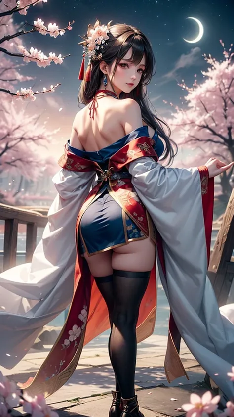 (masterpiece:1.5, Highest quality, Very detailed、 Dutch Angle、Semi-realistic、Fantasy)(One Girl, alone)(Silver Hair:1.6,,Straight Long Hair)(Wearing Han clothes, Royalty、White and red Hanfu:1.5,Thick fabric,Long sleeve)、((Off the shoulder、medium breasts, Be...