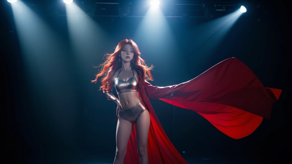 A girl with red hair is standing alone in a single spotlight in a dark room. She is posed confidently, with the light highlighting her strength and presence.
Colors: Predominantly dark, with bright white spotlights and slight metallic sheen on her outfit.