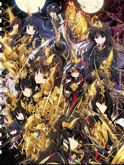 defined lines,houraisan kaguya(touhou),long_hair, black_hair, very_long_hair, smile,bangs, red_eyes, brown_eyes,(Ornate golden armor plates,golden horn ornaments,multicolored gemstones,yellow and black clothes,black glove,Black torso,Golden chains),night,m...