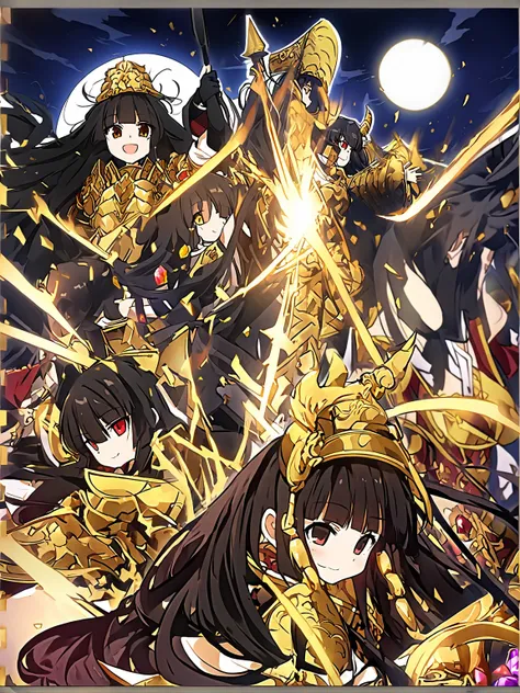 defined lines,houraisan kaguya(touhou),long_hair, black_hair, very_long_hair, smile,bangs, red_eyes, brown_eyes,(Ornate golden armor plates,golden horn ornaments,multicolored gemstones,yellow and black clothes,black glove,Black torso,Golden chains),night,m...