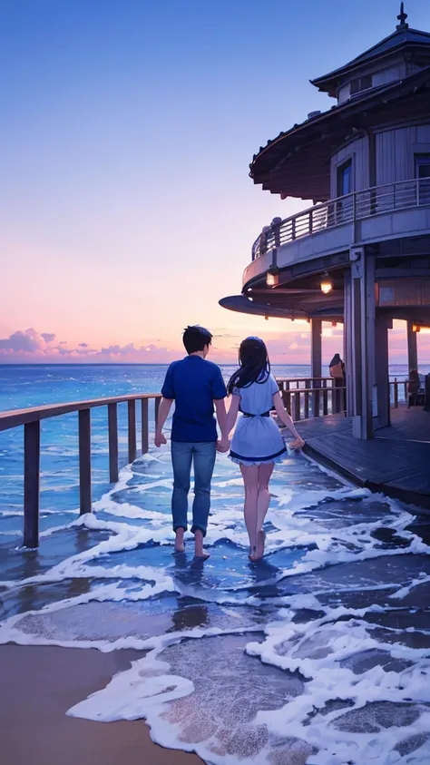 Blue sky with white clouds　Seaside　Pier　Casual clothing　Back view of a man and woman holding hands