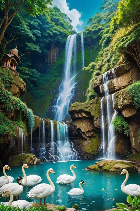 Draw a picture of Radha Krishna in heaven full of cows and peacock,lots of swans and waterfalls