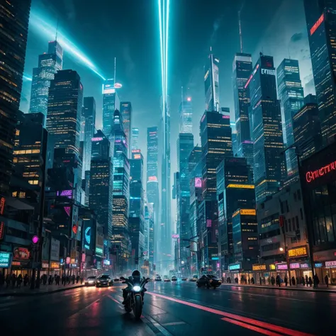 Imagine the scene, where the motorcycle floats in the air, surrounded by futuristic elements. Create an image of the future, where technology allows a motorcycle to fly over city skyscrapers, illuminated by neon lights and electric glare. Capture the dynam...