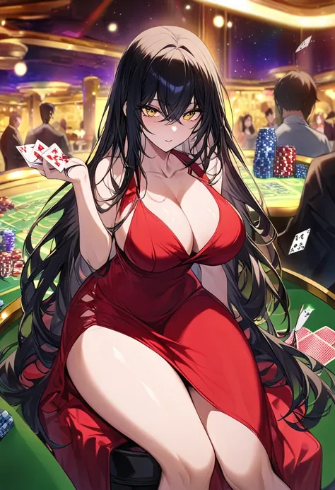 Adult female, busty, hourglass figure, sexy red dress, messy and long black hair, golden yellow irises, defined black pupils, passionate, seductive, casino, poker table, holding cards, sitting in a chair at a poker table, well defined, perfect definition, ...