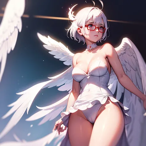 a beautiful angel girl with short white hair, two white wings, wearing a neat white outfit, red round glasses, highly detailed, hyper realistic, 8k, cinematic lighting, ethereal, angelic, glowing, serene, delicate, graceful, elegant, photorealistic, studio...