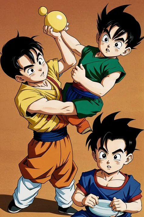 Teenage Gohan playing with baby Goten