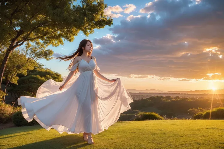 A captivating cinematic photograph of a radiant young japan woman standing amidst an enchanting environment filled with hearts of various sizes and colors. She is dressed in a flowing white dress, with her hair gently blowing in the breeze. The hearts appe...