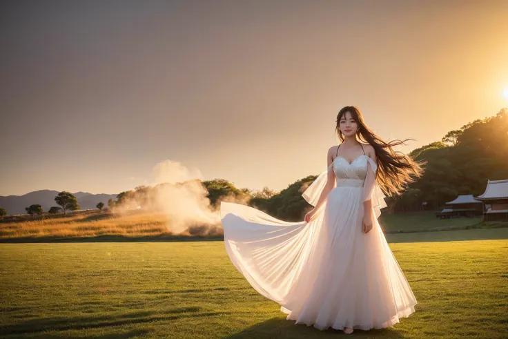 A captivating cinematic photograph of a radiant young japan woman standing amidst an enchanting environment filled with hearts of various sizes and colors. She is dressed in a flowing white dress, with her hair gently blowing in the breeze. The hearts appe...