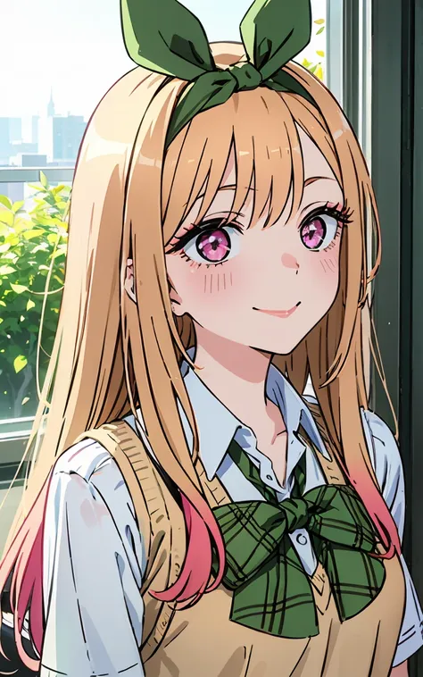 marin kitagawa, long hair,  marin ressed up as yotsuba nakano, long blonde hair with pink ends, sparkling pink eyes, sweet face,...