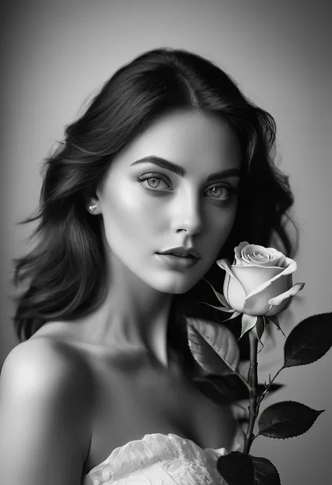 black and white, a woman with  green eyes, flawless skin, half body shot, holding a rose, whimsical photography style, captured with an Arriflex 35BL camera using Canon K25 prime lenses, cinematic, dramatic lighting, ultra clear, breathtaking surreal maste...