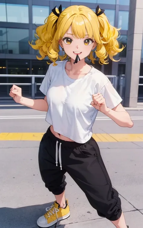 ((Anime Screen Capture:1.3))、Highest quality、masterpiece、((She is alone:1.3))、((1 Girl:1.3))、((She has curly hair:1.5))、((Perm:1.3))、((Her mouth is big、White teeth are visible:1.5))、((Your teeth are so beautiful:1.5))、(((She has her bangs down:1.8)))、(((He...