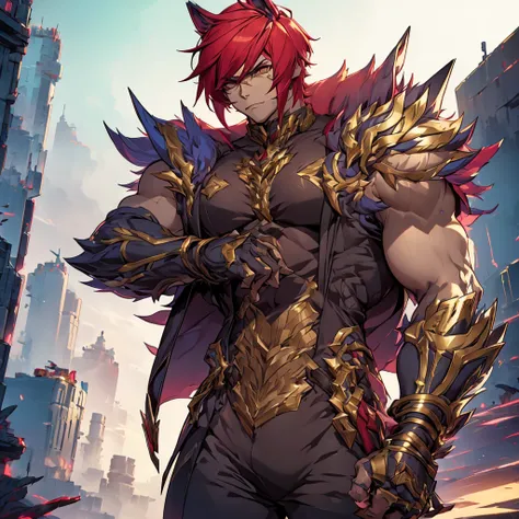 male character. he has an armor-like outfit. cyberpunk style. character looks like sett from league of legends