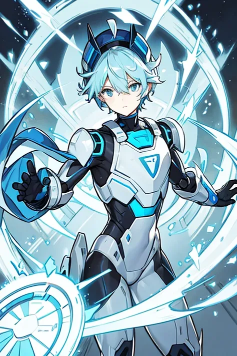 robot man, short light blue hair, blue eyes, White cap