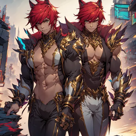 male character. he has an armor-like outfit. cyberpunk style. character looks like Sett from League of Legends