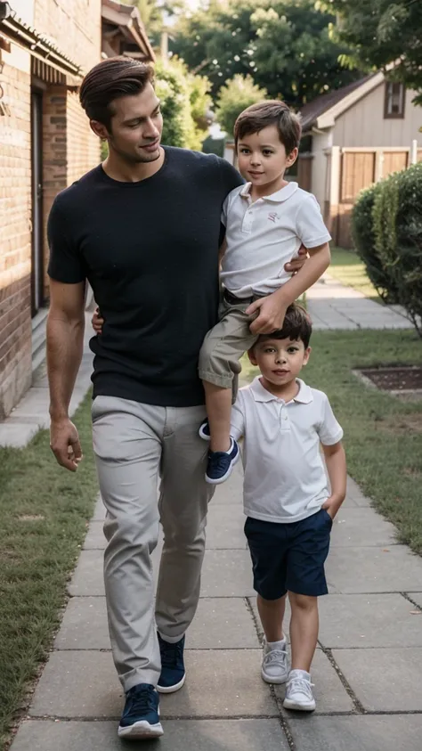 A handsome 30 year old man is walking with a handsome 3 year old boy, professional photo, clear photo, real photo, full HD, 4k 