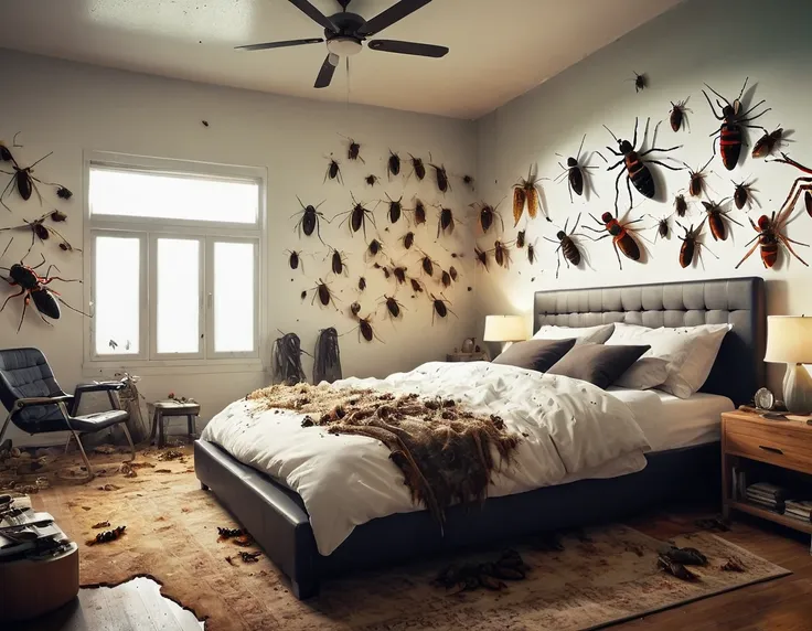 modern bedroom, full of insects of all kinds. [bedroom] [insect] [fly] [spiders] [disgusting] [horror]