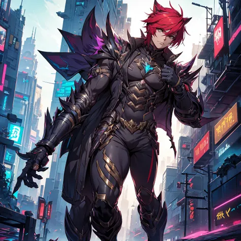 male character. he has an armor-like outfit. cyberpunk style. character looks like sett from league of legends