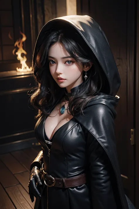 RAW photo, photorealistic, beautiful woman, standing, full body shot, perfect symmetric eyes, soft lush curly warm hair, cleavage, evil look, mask, hood, glowing, fire, gauntlets, cloak, hood up, detailed clothes features, choker, earrings, belt, bracelet,...