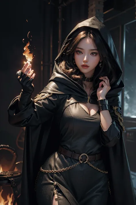 RAW photo, photorealistic, beautiful woman, standing, full body shot, perfect symmetric eyes, soft lush curly warm hair, cleavage, evil look, mask, hood, glowing, fire, gauntlets, cloak, hood up, detailed clothes features, choker, earrings, belt, bracelet,...