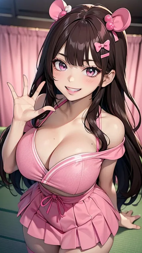 Big Lips, Brown Hair, Pink Eyes, The Face of Japan, Improve, Both sides up, hugeな胸, Wide Hips, sexy, Pink Theme, cute, detailed, Pink Room, Decora, bangs, Grin, Improve outfit, cute, Pleated skirt, Cleavage, hugeなおっぱい, huge , Dynamic pose, Dynamic Angle, e...