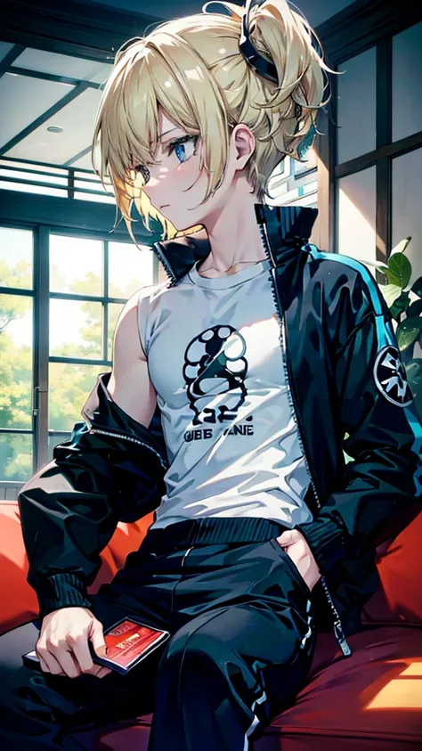 profile background, anime boy, serious face, blond hair, cyan eyes, gym body, detailed eyes and face, white shirt with a kanji in the middle, sitting on the sofa, in the living room, high-res portrait, character, fantasy, 4K, high resolution