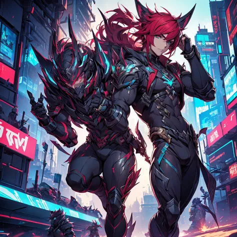 male character. he has an armor-like outfit. cyberpunk style. character looks like Sett from League of Legends