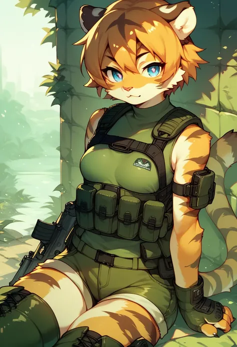 score_9, score_8_up) score_7_up, score_6_up, solo, tiger, kemono, anthro, cute, short hair, blue eyes, white pupils, sexy, orange fur, shorts, tactical harness, thigh high boots, assassin girl, sleeveless, mesh body suit, tactical gloves, small breasts,