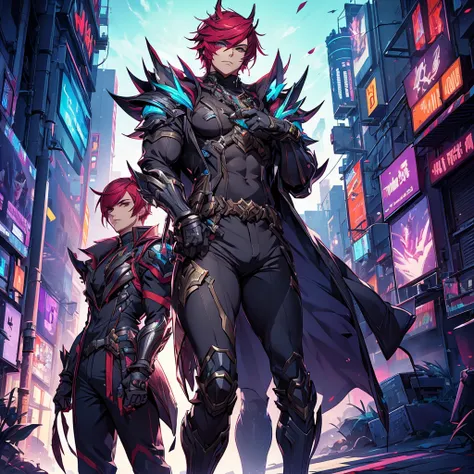 male character. he has an armor-like outfit. cyberpunk style. character looks like sett from league of legends