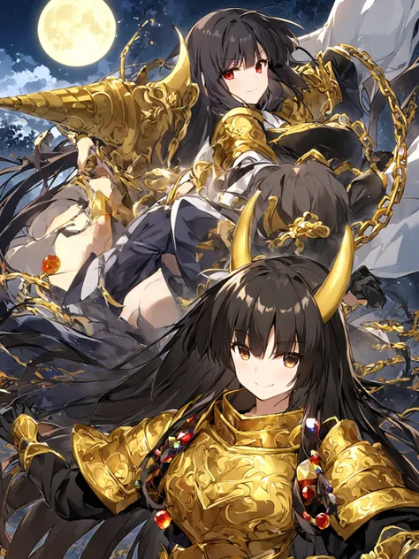 defined lines,houraisan_kaguya_touhou,long_hair, black_hair, very_long_hair, smile,bangs, red_eyes, brown_eyes,(Ornate golden armor plates,golden horn ornaments,multicolored gemstones,yellow and black clothes,black glove,Black torso,Golden chains),night,mo...