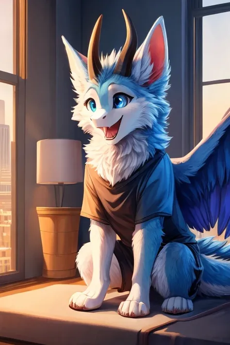 Furry art, feral, furred dragon, female, white and blue fur, wings, big ears, four ears, many ears, horns, chest fluff, paws, happy, blind, Faded blue eyes, faded cloudy eyes, quadruped, wearing t-shirt, wearing pink t-shirt, wearing shorts, wearing black ...