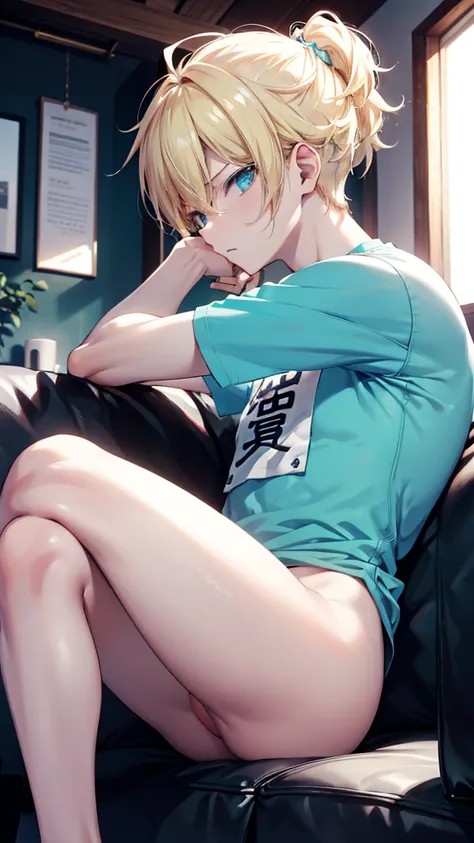 profile background, anime boy, serious face, blond hair, cyan eyes, gym body, detailed eyes and face, white shirt with a kanji in the middle, sitting on the sofa, in the living room, high-res portrait, character, fantasy, 4K, high resolution